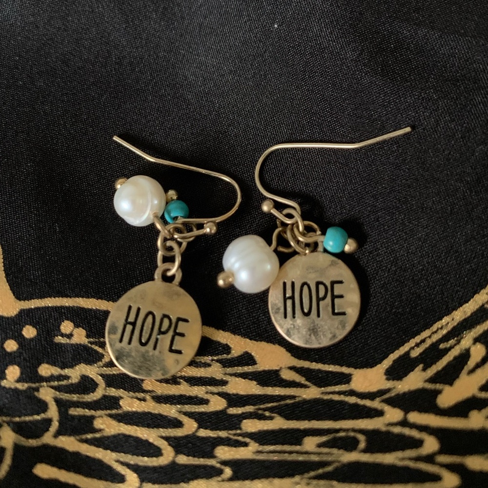 “Hope” Gold Disc Earrings with Pearl & Teal Bead